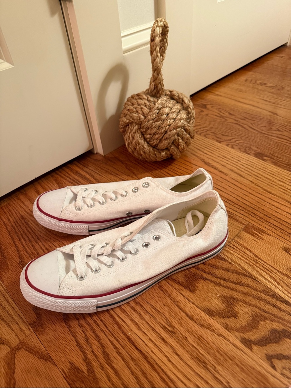 White Low-Top Canvas Sneakers with Red Trim - Unbranded